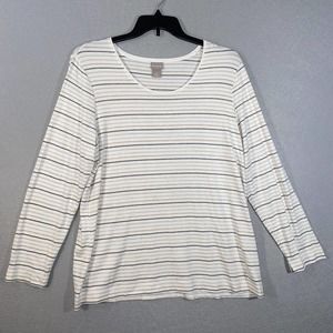 Chicos Top Womens 3 Beige Gray Stretch Scoop Neck Striped Long Sleeve Casual